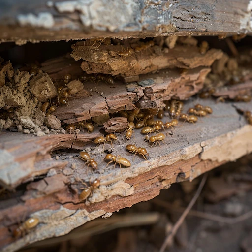 Closeup of a small swarm of termites inside of deteriorated wood